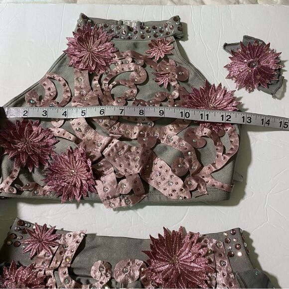 Glamour solo dance costume custom silver gray 2 piece skirt crop top XLC child - Picture 9 of 13